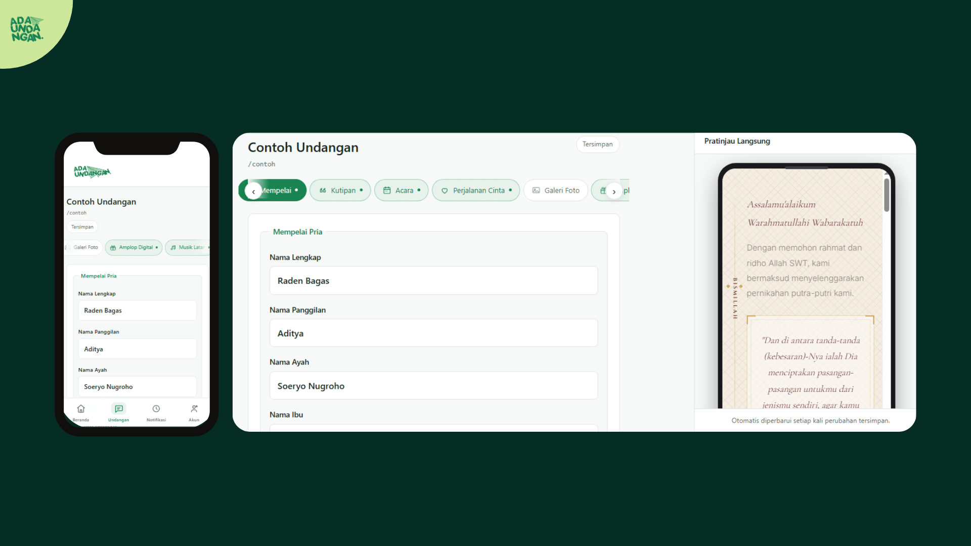 Isi daftar informasi yang akan ditampilkan di tuatan undangan digitalmu. Bisa akses lewat PC maupun HP.Isi daftar informasi yang akan ditampilkan di tuatan undangan digitalmu. Bisa akses lewat PC maupun HP.